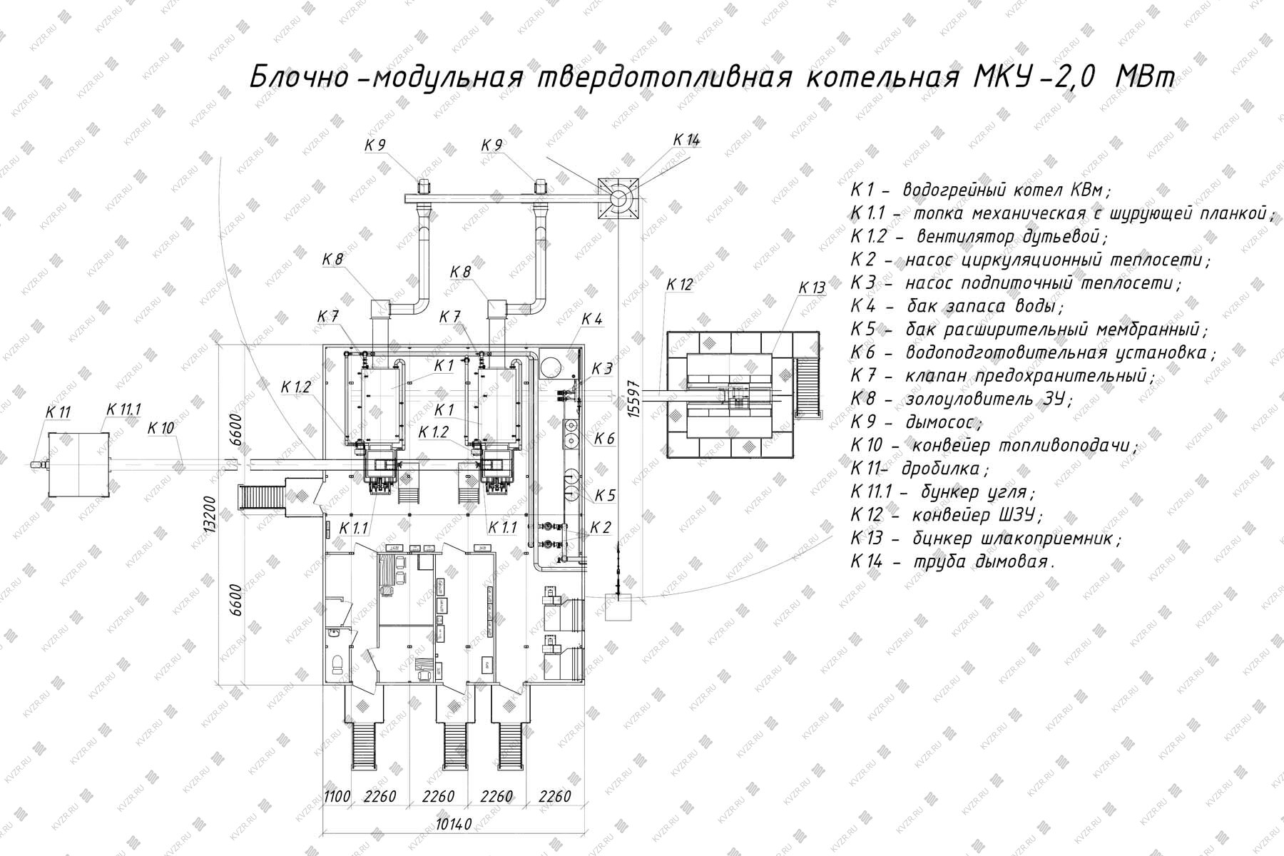 Чертеж модульной котельной 2 МВт с 2 котлами без ГВС